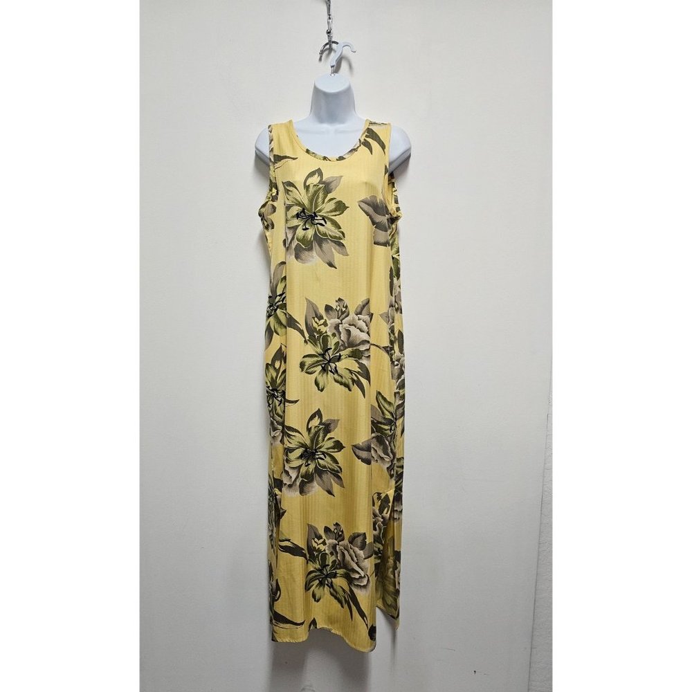 Tommy Bahama Long Dress Women's M Yellow Floral Leaf 100% Silk Maxi Shift Mumu